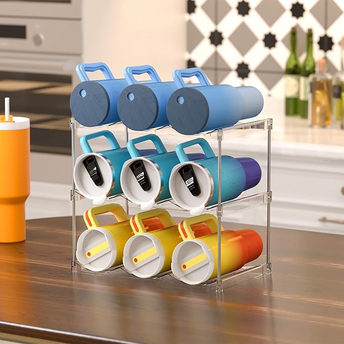 Yieach 2 Tier Waterbottle Organizer for Cabinet - Large Compartment Stackable Water Bottle Holder and Wine Bottle Rack,Acrylic Water Bottle Organizer Rack for 40 oz Stanley Cup,Yeti and Tumbler Shelf