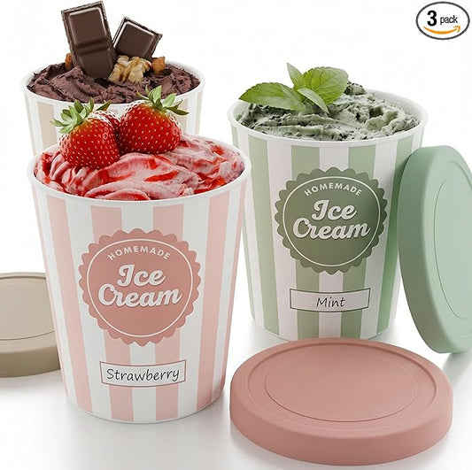 ZICOTO Set of 3 Reusable Ice Cream Containers 1 Quarts ea. - Perfect for Homemade Sorbet, Frozen Yogurt Or Gelato - Stackable Storage Pint Containers, Stickers And Lids Stores Easily In Freezer