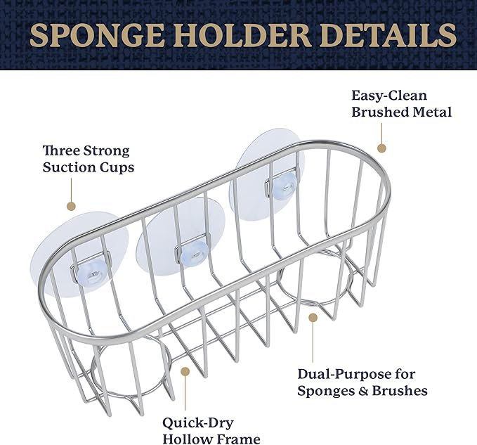 Best Brands Farberware Sponge Holder for Kitchen Sink—Brushed Metal Sink Caddy Organizer with Triple Suction Cups, Kitchen Organizer for Sponges, Brushes, Soap & Cleaning Essentials
