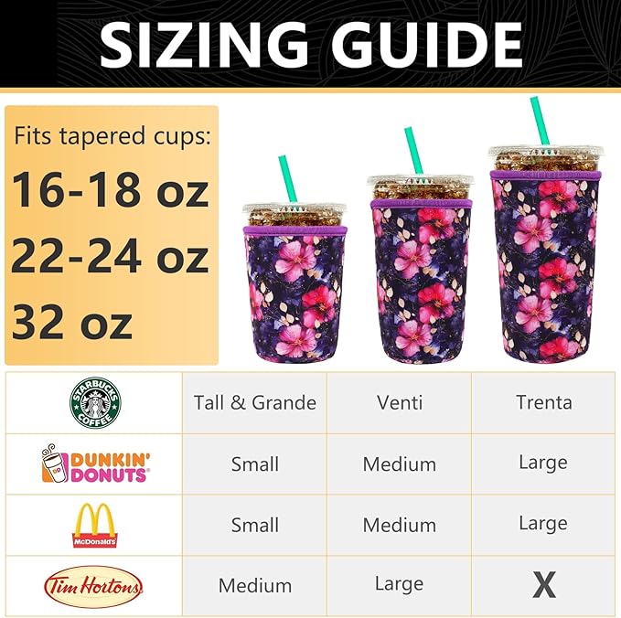 YR Reusable Neoprene Insulator Sleeve for Iced Coffee Cups, 3 Pack Coffee Coolies sleeves for Iced & Hot Drinks, Cold Beverage Cooler Compatible with Starbucks Coffee and More (Fuchsia Floral)
