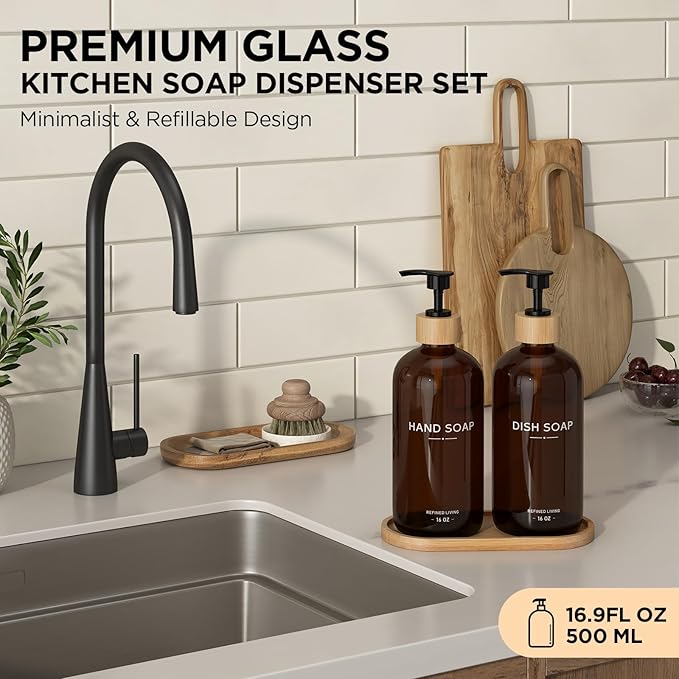 Hand and Dish Soap Dispenser Set,16oz Glass Bottles with Bamboo Pumps & Tray,Countertop Soap Dispensers for Kitchen,Luxury, Minimalist & Farmhouse Decor