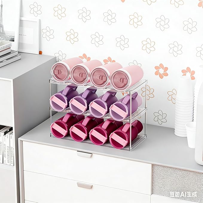 Yieach 3 Tier Waterbottle Organizer for Cabinet - Large Compartment Stackable Water Bottle Holder and Wine Bottle Rack,Acrylic Water Bottle Organizer Rack for 40 oz Stanley Cup,Yeti and Tumbler Shelf