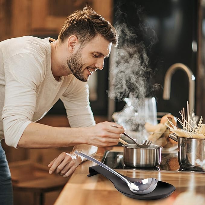 Stainless Steel Spoon Rest, Spatula Ladle Holder, Stainless Steel Utensil Spoon Rest Holder, Brushed Finish, Dishwasher Safe 9.8 x 3.7 Inch (Black 1PC)