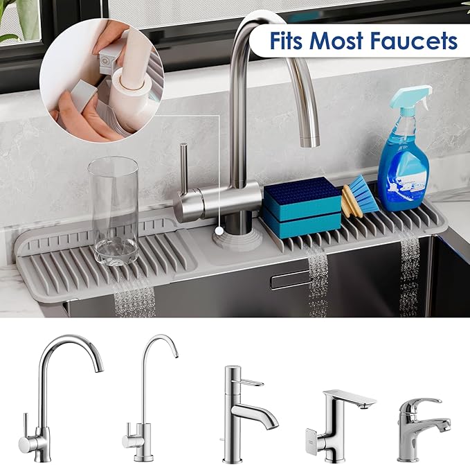 24 Inch Silicone Faucet Mat for Kitchen Sink Splash Guard - 7° Slope Upgraded Water Draining Mat with Fasten Button for Bathroom Area (Gray, 24''x5.5'')