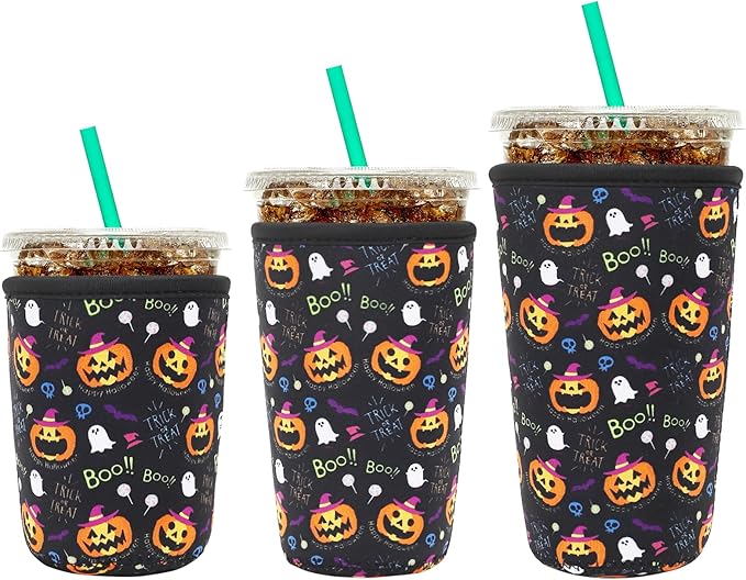 YR Reusable Neoprene Insulator Sleeve for Iced Coffee Cups, 3 Pack Coffee Coolies sleeves for Iced & Hot Drinks, Cold Beverage Cooler Compatible with Starbucks Coffee and More (Halloween Boo)