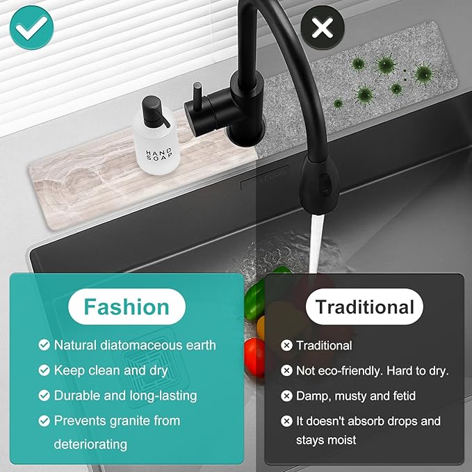Diatomite Faucet Mat for Kitchen Sink Protector Stone Quick Dry Around Faucet Absorbent Mat Kitchen Sink Protector Water Catcher Splash Guard Stone Drying Tray for Bathroom Counter Accessories Decor