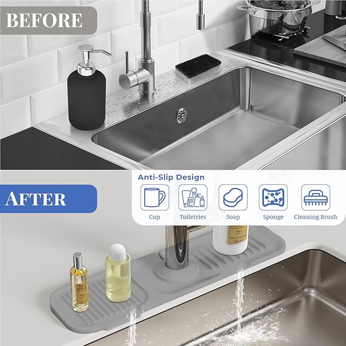 Faucet Mat for Kitchen Sink, Silicone Splash Guard Behind Faucet Soap Sponge Holder Dish Drying Mat, for Kitchen and Bathroom (Gray)