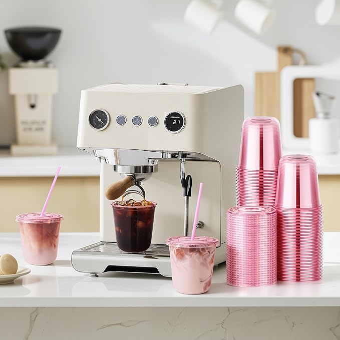 tchrules 100 Set 12oz Pink Plastic Cups with Lids & Straws, Disposable Iced Coffee Cup with Lid, Round Bottom Plastic To Go Cups for Cold Drinks Slushie Smoothie Valentine Galentine Party Supplies