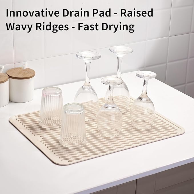 ZLR Silicone Dish Drying Mat & Heat Resistant Trivet (12" x 16") - Waterproof Counter Protector for Air Fryer, Coffee Maker - Non-Slip, BPA Free Kitchen Pad, Easy Clean Dishwasher Safe (Cassava White)