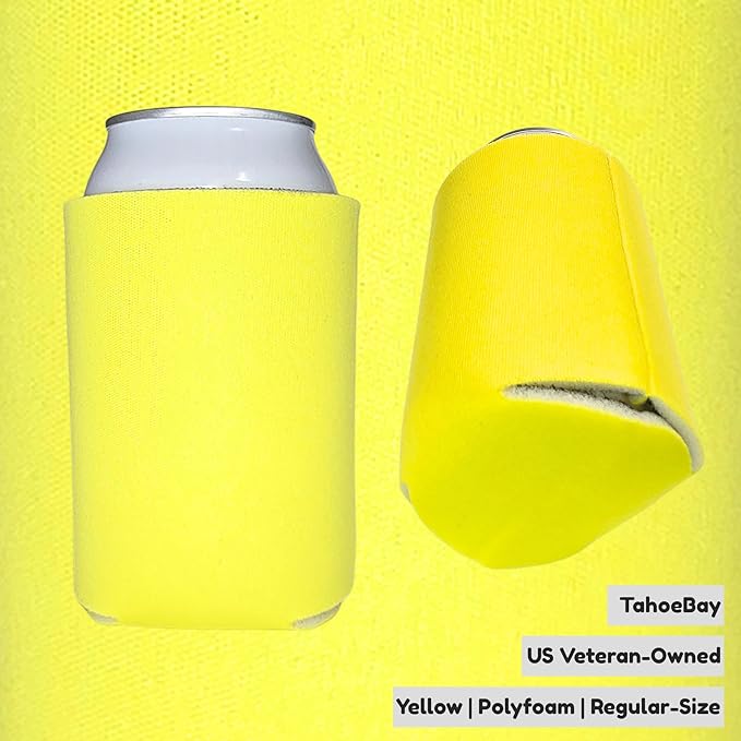 TahoeBay Bulk Blank Beer Can Cooler Sleeves (50-Pack) Sublimation Blanks for Vinyl Plain Soft Foam Can Sleeves Coolers for Soda Cans & Bottles Black, White, Assorted Solid Color (Yellow)
