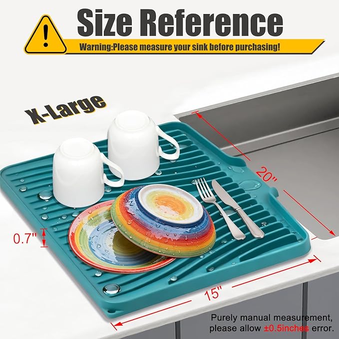 Silicone Dish Drying Mat, Stone Drying Mat for Kitchen Counter with Built-In Drain, Non-Slip Drain Pad with Built-in Drain, Heat Resistant Stone Drying Mat, 1Pcs 20" x 15", Green