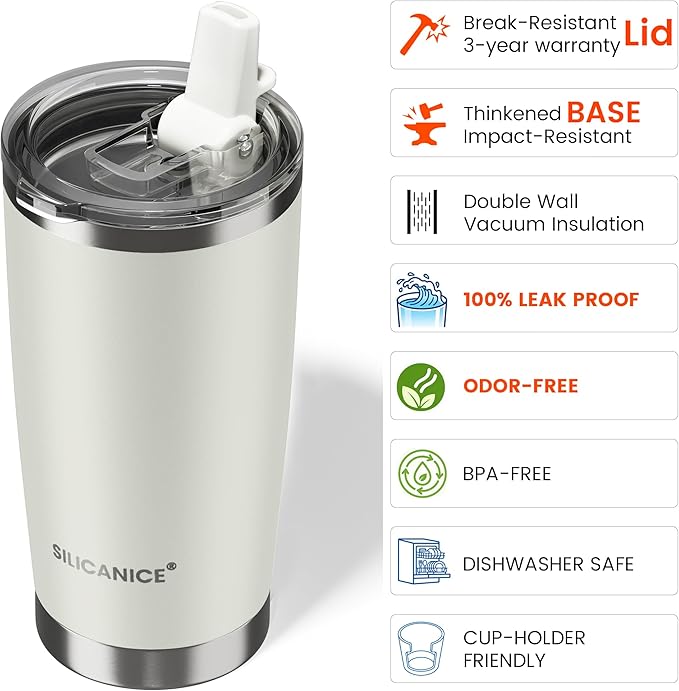 20oz Hygienic Insulated Tumbler — 100% Leakproof Lid with Removable Spout & Straw, Reinforced Vacuum-Protection Base, Cup Holder Friendly, for Iced Coffee, Smoothie/Water on the Go - Cream
