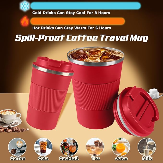 SPLMIFA Vacuum-Insulated Stainless Steel Travel Coffee Mug, Leak-Proof Reusable Coffee Cup with Lid - Keep Hot & Cold Drinks for Hours, Durable Insulated Tumbler for Men & Women(3rd-Red, 17OZ)