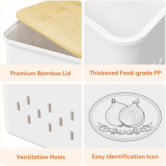 Lifewit Plastic Potato and Onion Storage Bin, Stackable Garlic Keeper with Aerating Holes and Lid, Vegetable Container Box for Pantry Countertop, White, 24 x 18 x 24 cm/9.5 x 7 x 9.5 inch, Set of 2