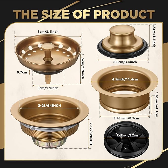 Norme 5 Pcs 3-1/2 Inch Kitchen Sink Drain Strainer Assembly Garbage Disposal Flange Stopper Plug Garbage Disposal Splash Guard Stainless Steel Sink Drain Strainer Replacement Kit(Champagne Bronze)