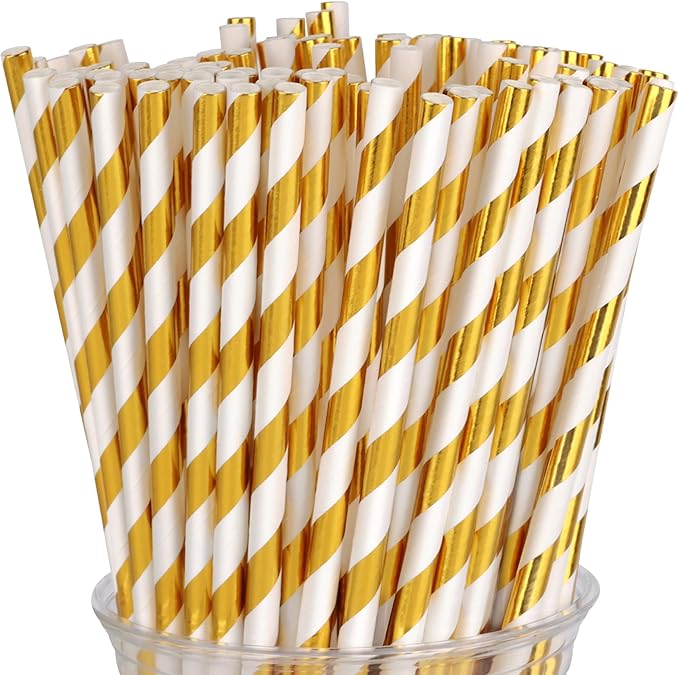 100 Packs Gold Biodegradable Striped Paper Straws, Disposable Drinking Straws for Birthday Carnival Summer Pool Party Wedding Baby Shower Halloween Christmas Party Decoration Supplies