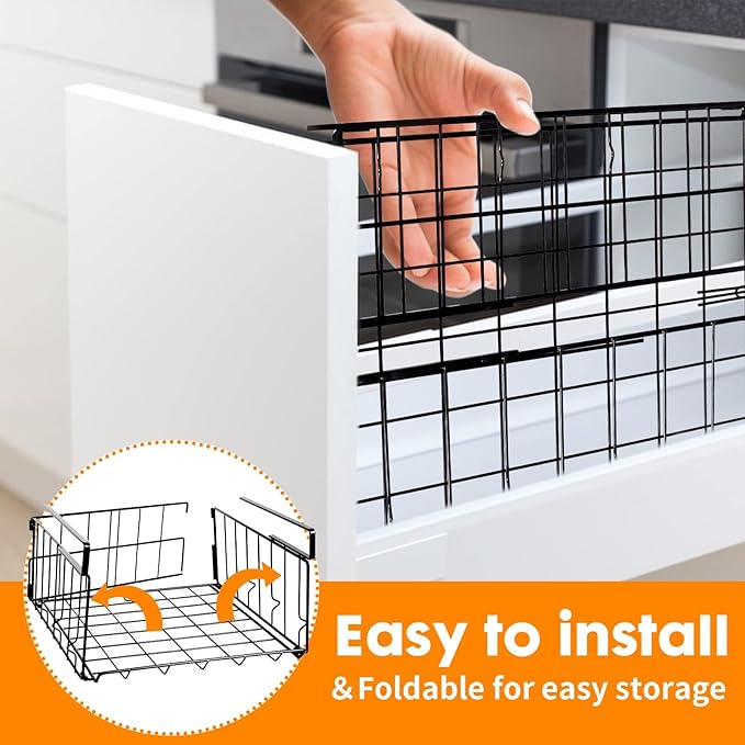 Hanging Under Shelf Storage Basket, 4 Pack Foldable Under Cabinet Metal Desk Storage Wire Rack Organizer for Kitchen Pantry Bookshelf Office Home, Easy to Install Slide-in Under Shelves (Black)