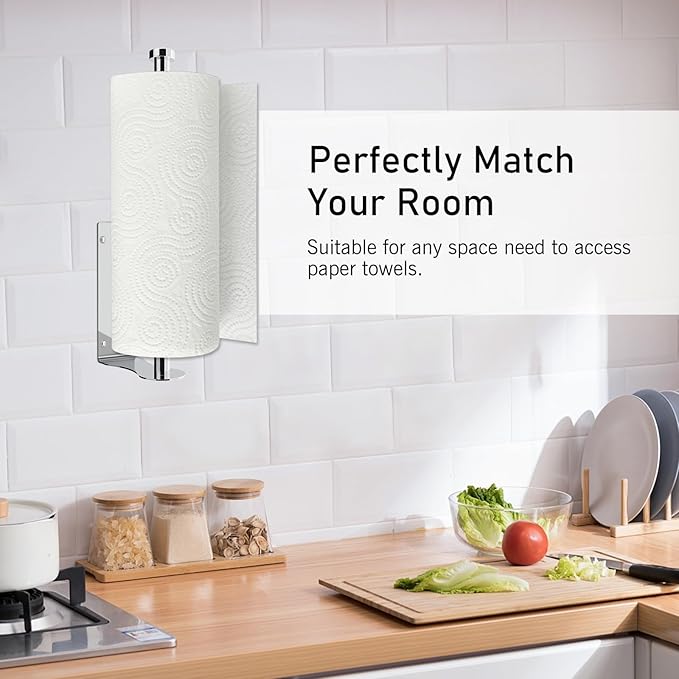 SetSail Paper Towel Holder, Single Hand Operable Paper Towel Holder Under Cabinet with Adjustable Damper Easy Tear Wall Mount Self-Adhesive or Drilled for Kitchen Bathroom, Mirror Silver
