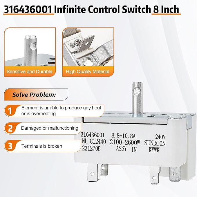 316436001/316021501 Surface Element Burner Infinite Switch,Surface Burner Control Switch Replace Parts 1155395, AP3885460, PS1145040, EAP1145040, Compatible with Frigidaire for Kenmore (8 Inch)