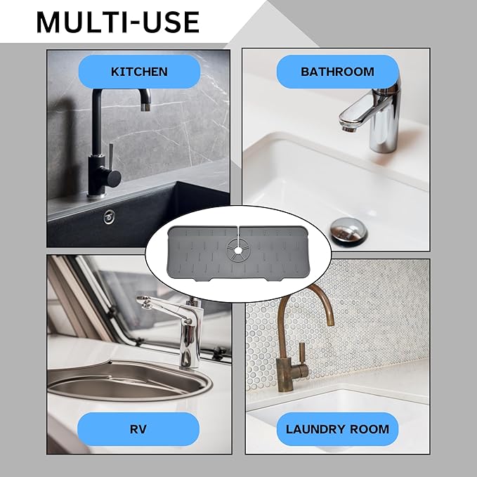 Silicone Sink Splash Guard, Drip Catcher Tray Mat | Kitchen Guard Gadgets Sink Accessories, kitchen sink sponge holder | 15"" x 5.5"" Drying Mat for Kitchen Counter, faucet accessories - Grey, Gray