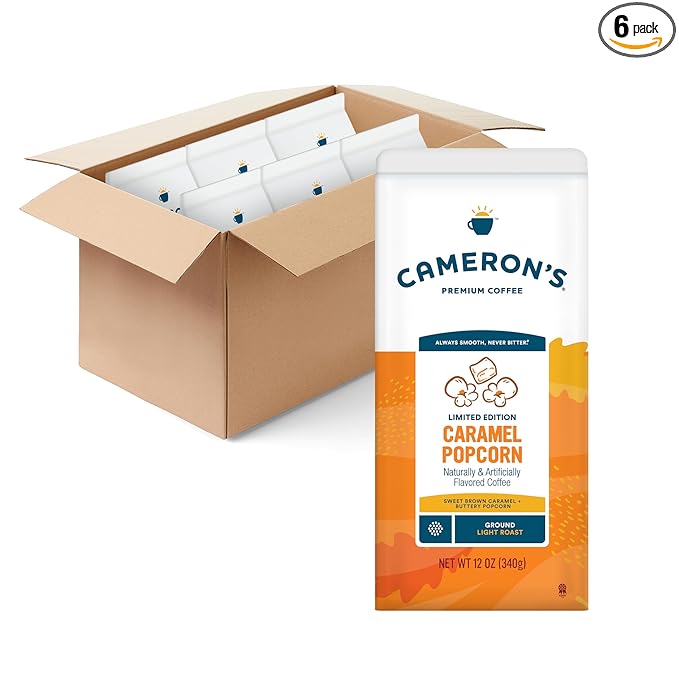 Cameron's Coffee Roasted Ground Coffee Bag, Caramel Popcorn, Smooth Flavored Coffee, Sustainable, Small-batch Roasted, 12 Ounce (Pack of 6)
