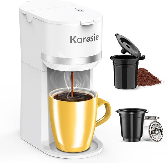 Single Serve Coffee Maker for K-Cup and Grounds, Fast Brew, 6-12 oz Brew Sizes Single Cup Coffee Maker Fits 5.5" Mugs, One-Button Small Coffee Maker, Descaling Reminder,White,9.45 Inches