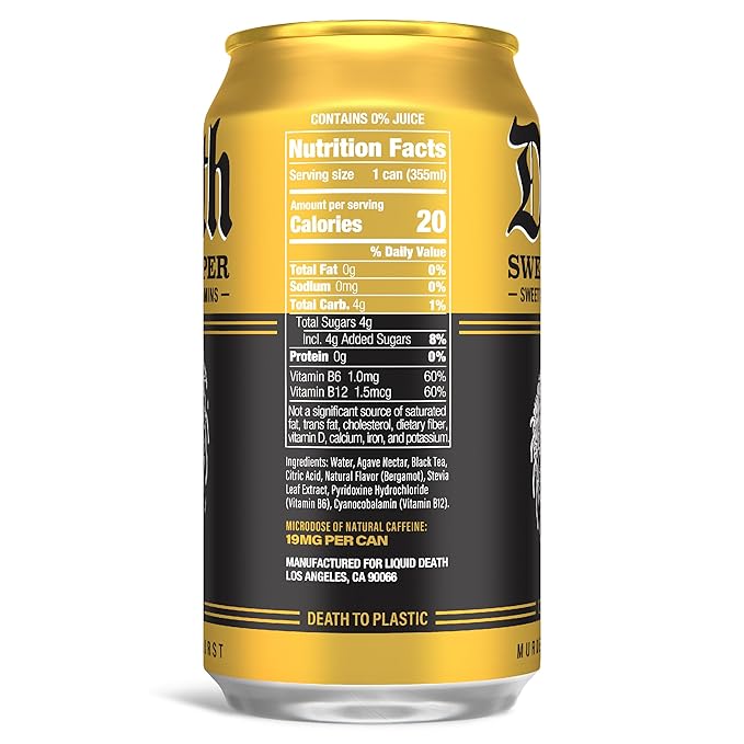 Liquid Death Iced Tea - Sweet Reaper (Black Sweet Tea), Less Sugar*, Boost of Caffeine, B Vitamins, No Artificial Sweeteners, 12 Fl Oz (Pack of 12)