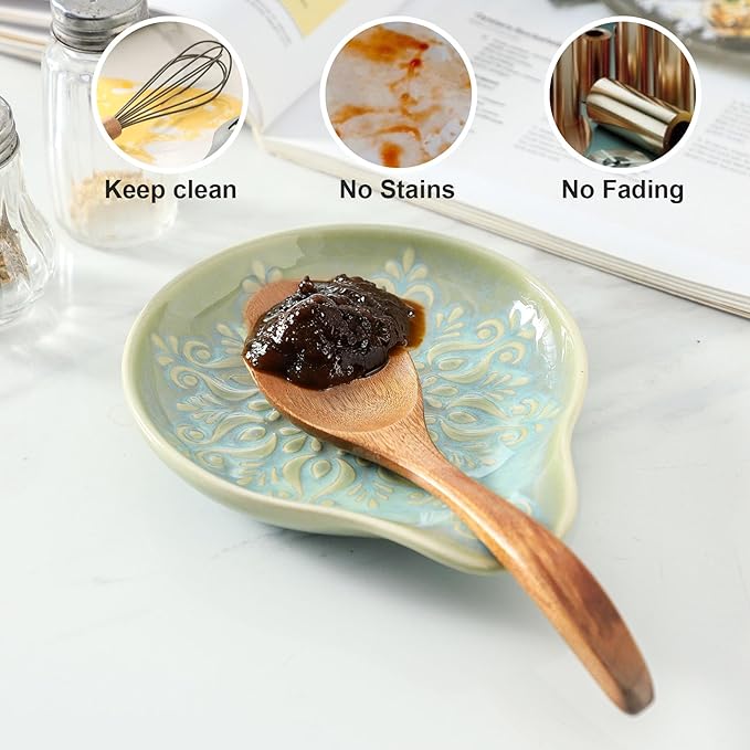 Farmhouse Ceramic Spoon Rests Holder for Kitchen Counter Stove Top (Green-A3)