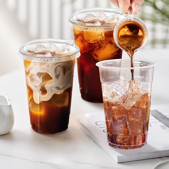Clawsoff 20 oz 100 Pack Clear Plastic Cups with Lids, Sturdy Iced Coffee Cups with Sip Lids, Disposable Food Safe Smoothie Cup for Cold Drinks, Juice, Milkshake