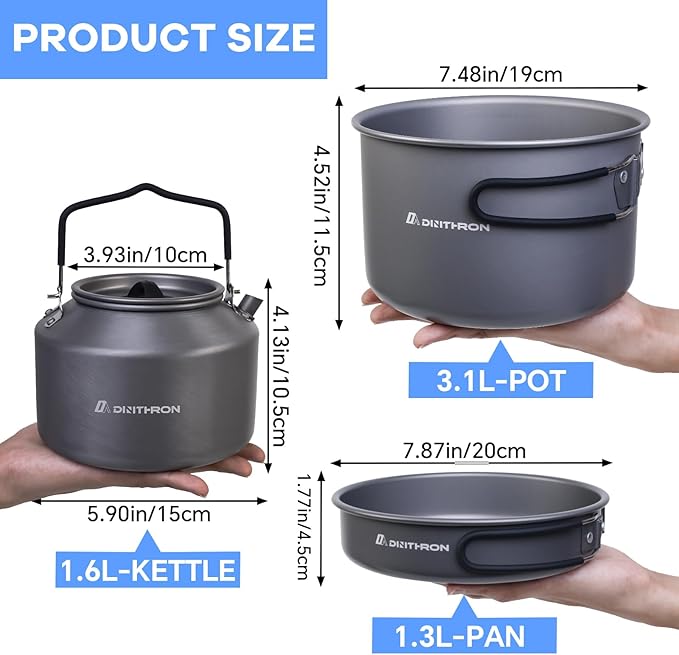 22-Piece Camping Cookware Set | Bare Hard-Anodized Aluminum Mess Kit with 3.1L Large Pot & 1.6L Camping Kettle | Uncoated Camping Kitchen Supplies & Backpacking Camping Kit
