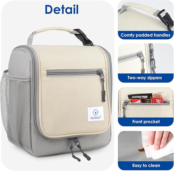 Genteen Kids Lunch Box, Insulated Lunch Bag for Kids, Toddler, Girl, and Boy; Holds Lunch Box, Water Bottle, & Snacks; Easy-Clean Water-Resistant Fabric & Multiple Zippered Pockets (Gray)