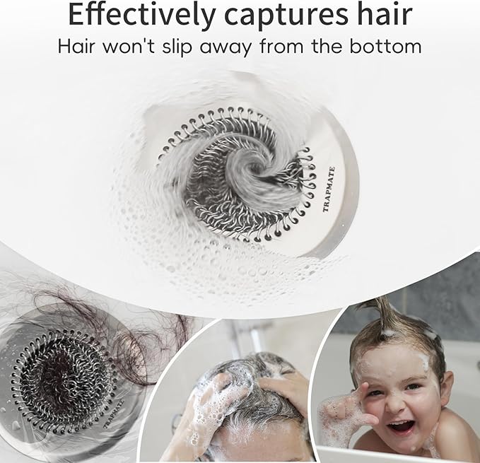 TRAPMATE Shower Drain Hair Catcher, 4.4" Easy Clean Bathtub Drain Hair Catcher, Anti-Slip Bath Tub Drain Protector, Upgraded 304 Stainless Steel Shower Sink Drain Cover for Bathroom (Patented Product)