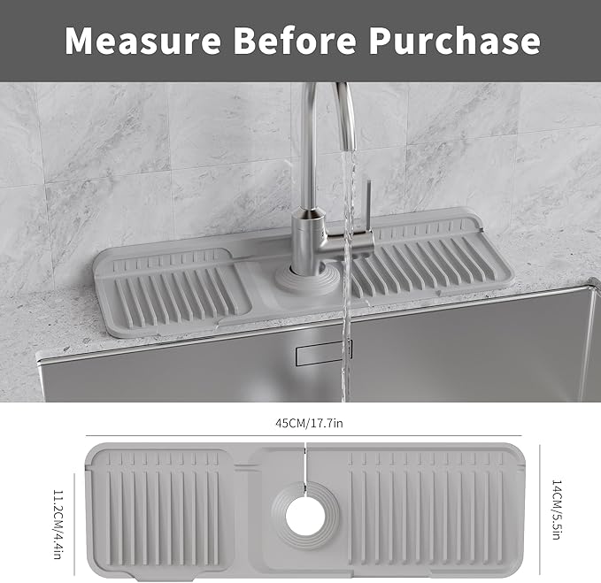 WAFT YEARN 17X5 Inch Silicone Durable Faucet Mat Kitchen Sink Splash Guard Draining Protector Tray Liner Absorbent Protective Counter Accessories For Sink Kitchen Bathroom Laundry Room Bar & RV Grey