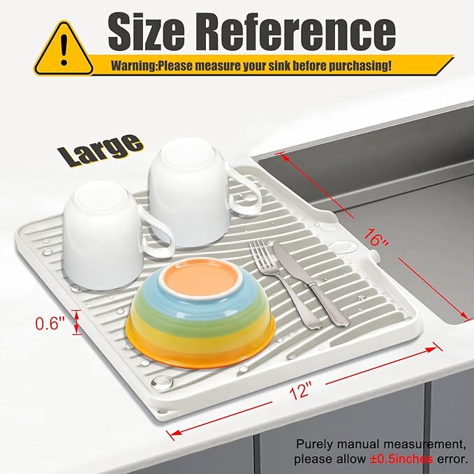 Silicone Dish Drying Mat for Kitchen Counter, Dish Drying Pad, Non-Slip Drain Pad with Built-in Drain, Heat Resistant Stone Drying Mat(16" x 12", Cream)