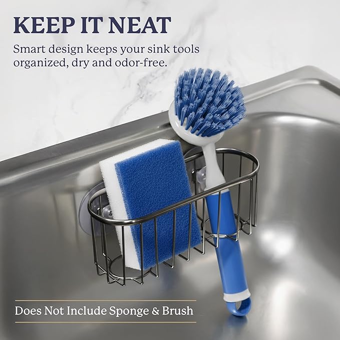 Best Brands Farberware Sponge Holder for Kitchen Sink—Brushed Metal Sink Caddy Organizer with Triple Suction Cups, Kitchen Organizer for Sponges, Brushes, Soap & Cleaning Essentials