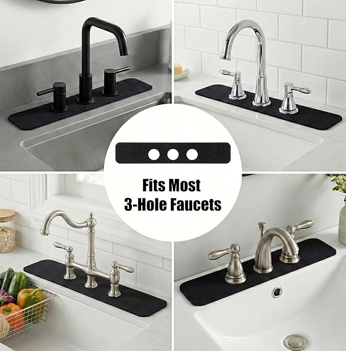 2PCS Faucet Mat for Bathroom Sink 3 Holes: 23.5’’Lx4.5’’W Splash Guard Fits 8 Inch Widespread Farmhouse Vintage Bridge Kitchen Vanity Faucet - Customizable Counter Protector for Irregular Sink