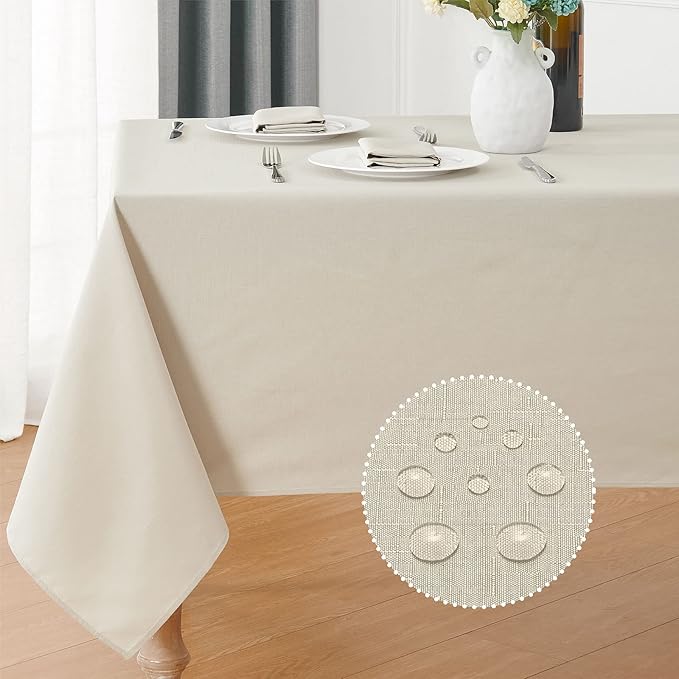 Veblandy 2 Pack Rectangle Tablecloth, 60x104 inch, Water Resistant Wrinkle Free Linen Textured Table Cloth Washable, Decorative Fabric Table Cover for Dining, Party and Camping, Beige