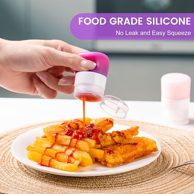 MICEBAY Condiment Squeeze Bottles for Sauces, 1-oz Mini Silicone Salad Dressing Container to Go with Snack Storage Bag, Leakproof Sauce Bottles for Lunch Box, 4 Pack, Purple