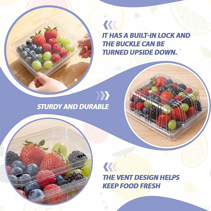 Threehoney 25 Pack Clear Plastic Vented Berry Containers with Clamshell Lids, 1/2 Pint Berry Baskets for Strawberry, Disposable Food Storage for Farmers Market Fridge Picnic (5.3×4.7×2.4 Inch)