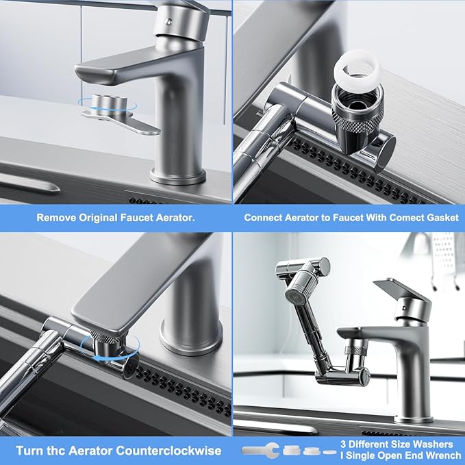 1440° swivel faucet extender, sink faucet aerator extender, swivel extendable filter, with 2 modes splash guard multi-functional universal mechanical arm suitable for kitchen/bathroom/toddlers