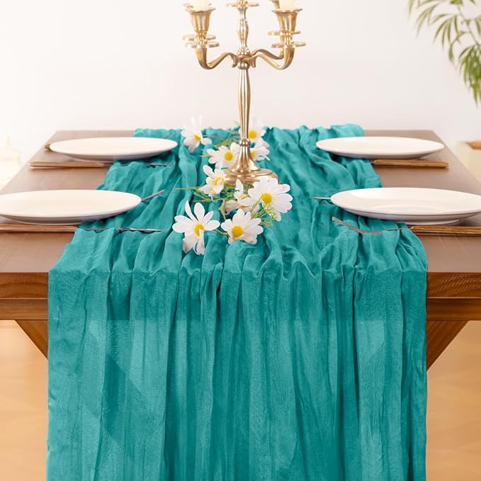 Socomi 3pcs Teal Blue Summer Cheesecloth Table Runner Boho Rustic Gauze 120 inch 10FT Cheese Cloth Sheer Runner for Wedding Party Baby Shower Birthday Home Decor