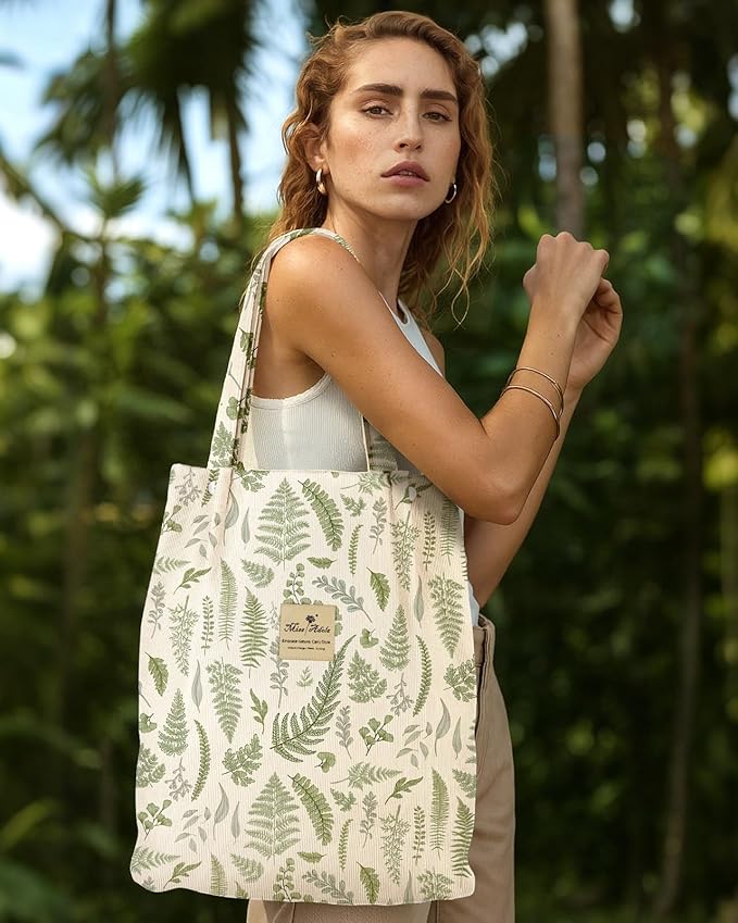 Miss Adola Corduroy Tote Bag for Women - Reusable Totes with Magnetic Buckle & Pocket Aesthetic Design Work Grocery Bags