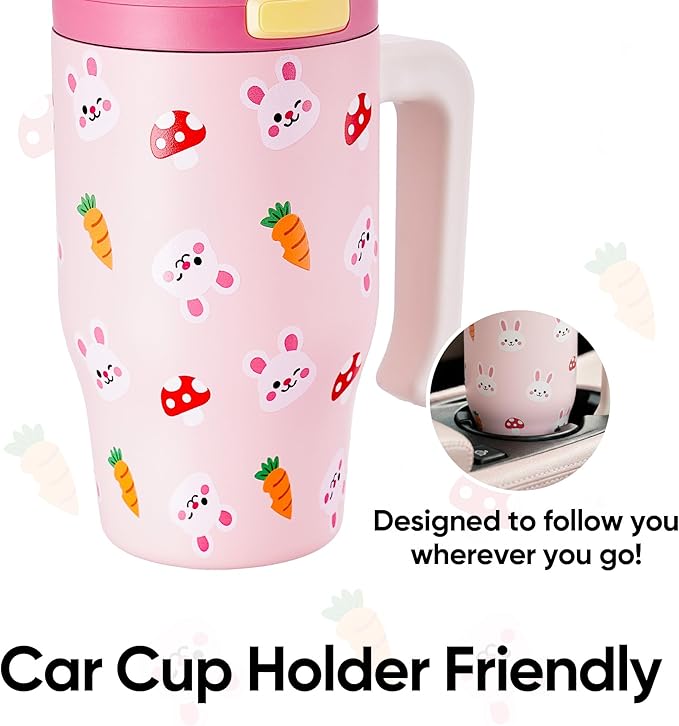 Fijinhom 18 oz Toddler Tumbler with Handle, Stainless Steel Insulated Water Bottle Coffee Mug with Straw, Toddler Cups, Kids Water Bottle for School, Sports, Travel, Pink Bunny