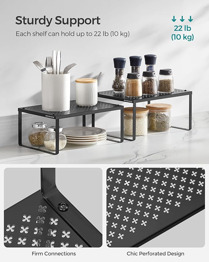 SONGMICS Spice Racks, Set of 4 Metal Cabinet Shelf Organizers, Countertop Organizers, Shelf Risers, Stackable, Expandable, Ink Black UKCS006B01