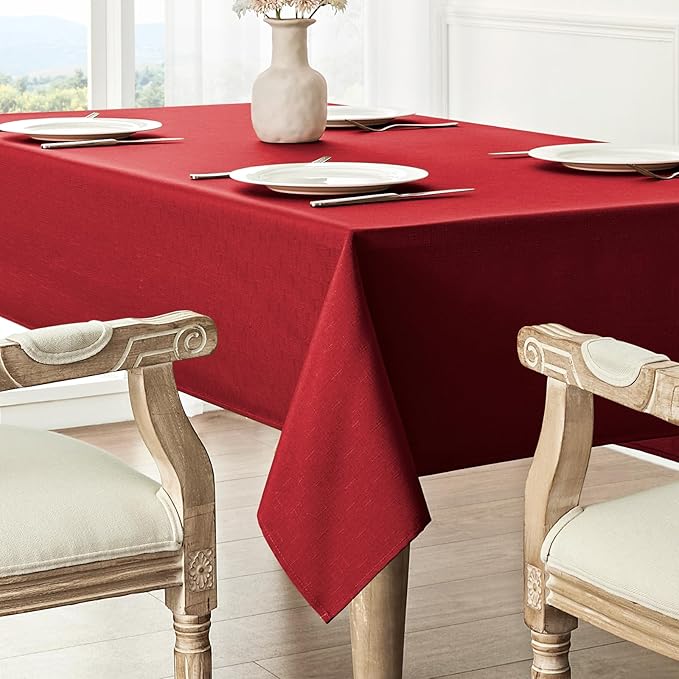 Veblandy 2 Pack Rectangle Tablecloth, 60x84 inch, Water Resistant Wrinkle Free Linen Textured Table Cloth Washable, Decorative Fabric Table Cover for Dining, Party and Camping, Red