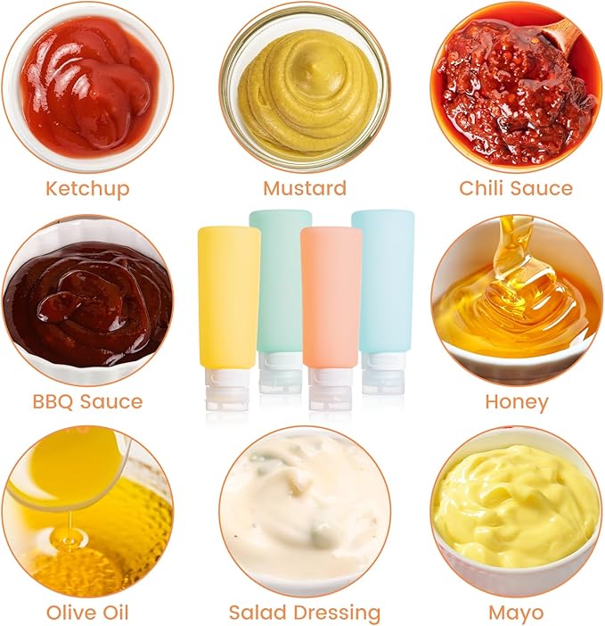 MICEBAY Condiment Squeeze Bottles for Sauces, 6-oz Mini Silicone Salad Dressing Container to Go with Reusable Sandwich Bag, Leakproof Sauce Bottle for Lunch Box, 4 Pack, Candies