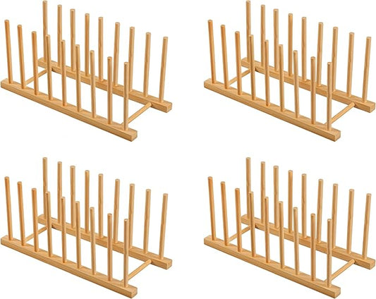 HBlife 4pcs Heighten and Widen Bamboo Dish Dying Rack Pot Lid Plate Organizer Holder for Cabinet, Cutting Board Stand Drainer Storage Plate Rack for Dish, Pot Lid, Bowl, Cup, Cutting Board and Books