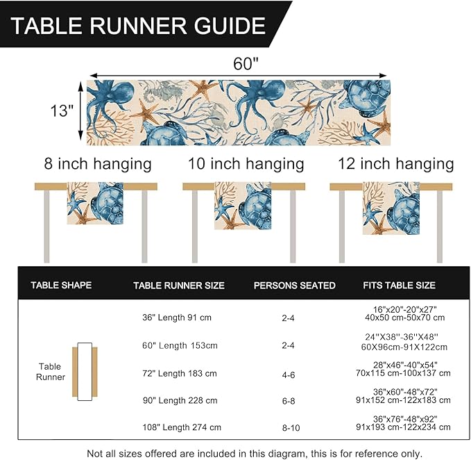 Seliem Summer Octopus Turtle Starfish Coral Coastal Table Runner, Under The Sea Home Kitchen Dining Teal Marine Life Decor, Ocean Creature Nautical Beach Decorations Indoor Outdoor Party Supply 13x60