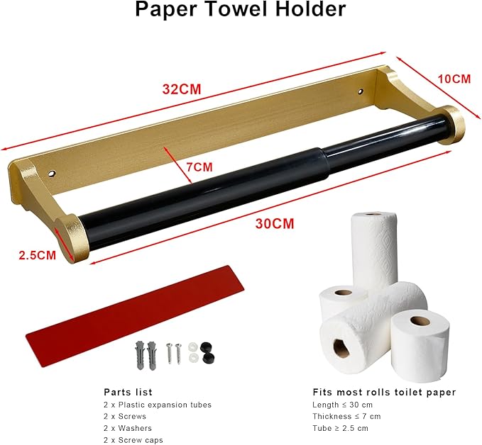 MONEER Paper Towel Holder Under Cabinet, Paper Towel Holder, Aluminum Alloy Kitchen Towel Holders, Self Adhesive Kitchen Roll Holder for Kitchen, Bathroom, Living Room (Glow Gold)