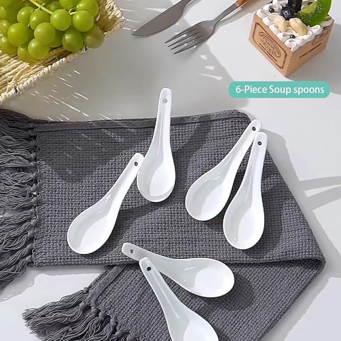 Soup Spoons Set of 6, Asian Ceramic Soup Spoons 5.3" Ramen Spoons Proper for Corelle Pho Miso Wonton Ramen Dumpling Macaron Dishwasher & Oven Safe